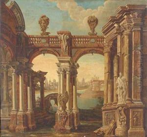 A capriccio of classical buildings with a lake and a town beyond