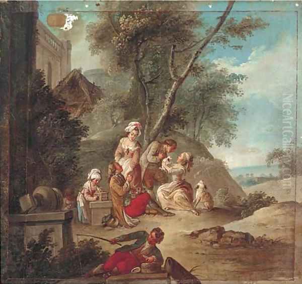 Amorous couples in a garden with children and a young fisherman, the sea beyond - view 1