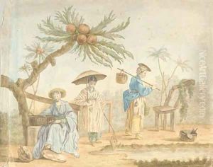 Three women in oriental costume beneath an exotic tree by Jean Baptiste Leprince