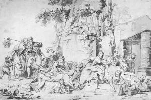 Shepherds resting by a fountain by Pierre Lelu
