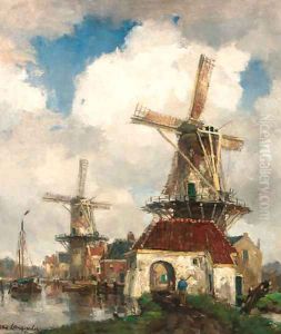 Windmills along a canal by Frans Langeveld