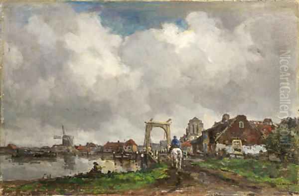 A horseman crossing a drawbridge, a town beyond - view 1