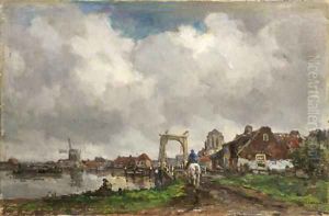 A horseman crossing a drawbridge, a town beyond by Frans Langeveld