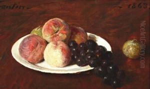Stilleven Met Perziken En Druiven Op Een Wit Bord by Ignace Henri Jean Fantin-Latour
