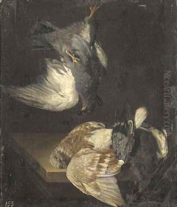 A dead pigeon suspended from a nail above pigeons on a ledge