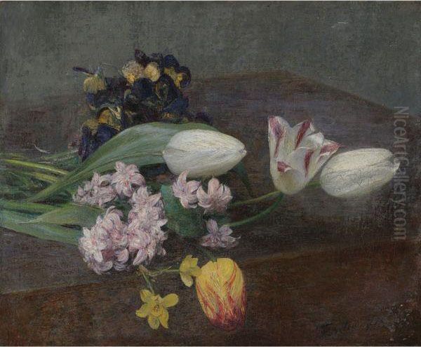 Jacinthes, Tulipes Et Pensees Posees Sur Une Table - view 1