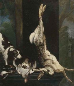 A sporting dog approaching dead song birds, a pheasant and a hare on a stone ledge by Cornelis van Lelienbergh