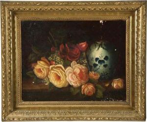 Pink And Red Roses And A Blue And White Vase by Ignace Henri Jean Fantin-Latour