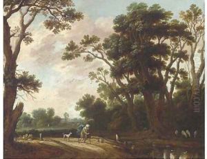 A landscape with a traveller and a dog on a track by Jasper van der Lanen