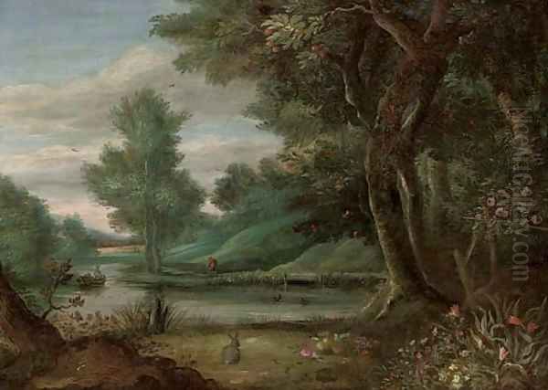 A wooded river landscape with a traveller on a path - view 1