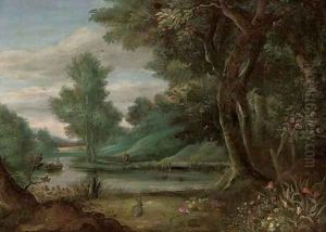 A wooded river landscape with a traveller on a path by Jasper van der Lanen