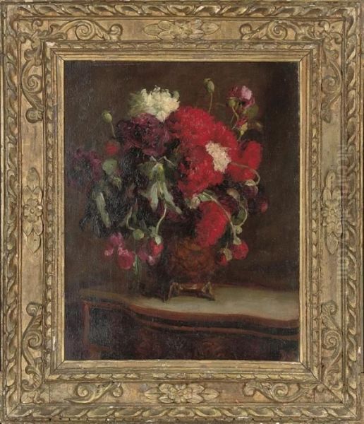 Chrysanthemums And Roses In A Vase, On A Table - view 1