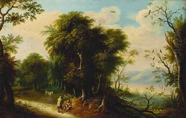 A wooded river landscape with figures on a track - view 1