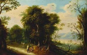 A wooded river landscape with figures on a track