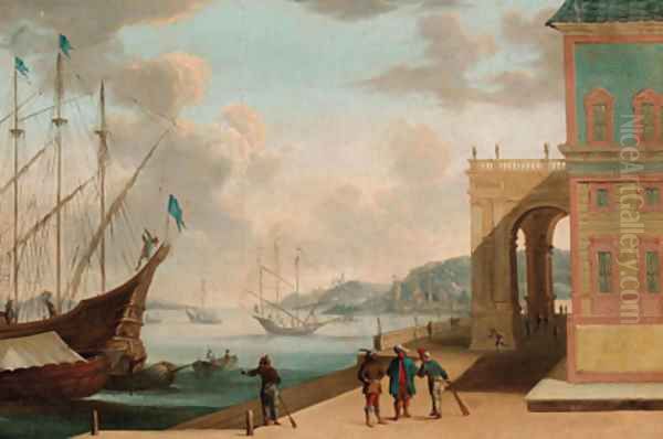 A capriccio of a Mediterranean harbour with Oriental merchants conversing on a quay - view 1