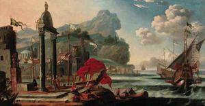 A Levantine harbour with moored boats and elegant figures on a quay A Levantine harbour with moored boats and elegant figures on a quay