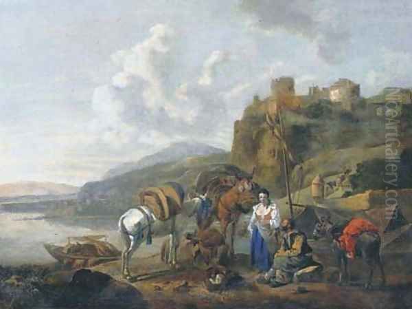 An Italianate river landscape with travellers by a ferry - view 1