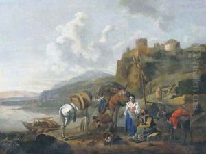 An Italianate river landscape with travellers by a ferry