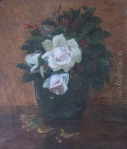 Red And White Flowers In Green Vase by Ignace Henri Jean Fantin-Latour