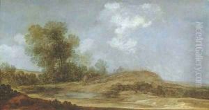 A wooded dune landscape with a shepherd herding his flock near a pool by Reynier Van Der Laeck