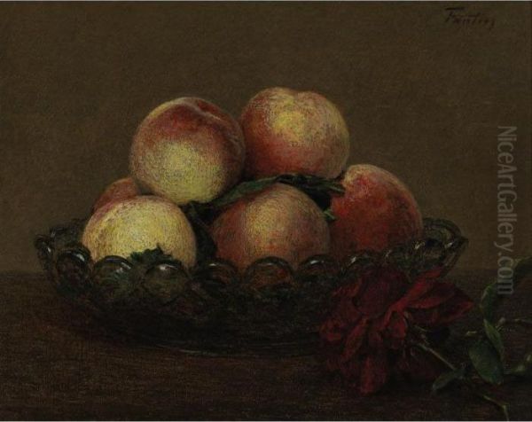 Nature Morte (peches Dans Une 
Coupe De Verre, Une Rose Rouge Foncee Avec Feuilles A Droite) - view 1