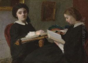 Deux Jeunes Femmes Brodant Et Lisant by Ignace Henri Jean Fantin-Latour