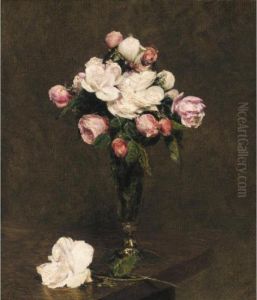 Roses Blanches Et Roses Dans Un Verre A Pied by Ignace Henri Jean Fantin-Latour