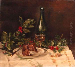 A still life with christmas-pudding, holly and wine by Johanna Helena Looisen