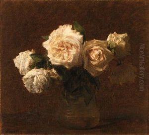 Six Roses Jaunes Dans Un Vase En Verre by Ignace Henri Jean Fantin-Latour