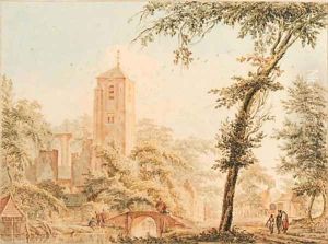 A ruined church in a village with figures by a bridge over a river by Paulus Van Liender
