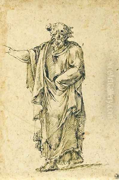 A draped bearded man gesturing to the left - view 1