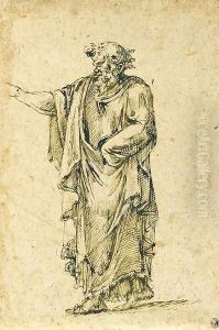A draped bearded man gesturing to the left A draped bearded man gesturing to the left