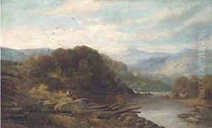 Cattle and figures by a lake in an extensive Welsh landscape by Benjamin Williams Leader