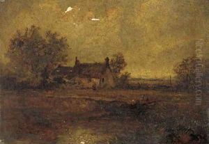 Figures by a pond before a cottage by Benjamin Williams Leader