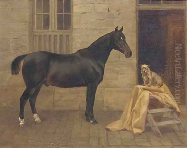 Moorman, a cob and Pixie, a terrier outside a stable - view 1
