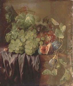 Grapes, figs, an acorn and a drape on a ledge