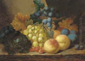 Grapes, peaches and a bird's nest on a ledge by Edward Ladell
