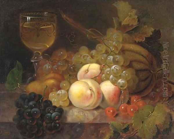 Peaches, a melon, cherries, a pear, grapes and a glass of wine on a marble ledge - view 1