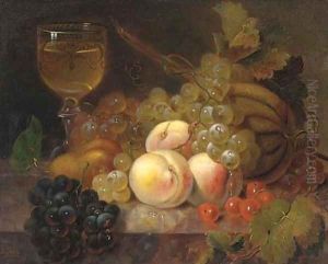Peaches, a melon, cherries, a pear, grapes and a glass of wine on a marble ledge by Edward Ladell