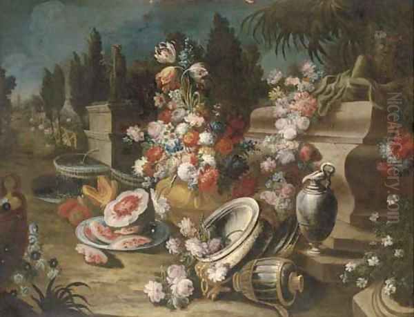 A landscape garden with urns, platters, ewers of mixed flowers and melons - view 1