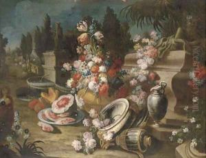 A landscape garden with urns, platters, ewers of mixed flowers and melons
