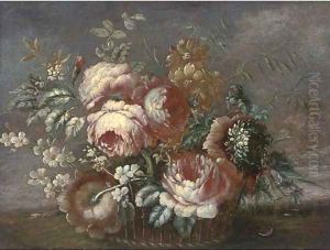 Roses, chrysanthemums and other flowers in a basket, a landscape beyond by Francesco Lavagna