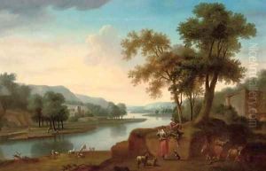 A wooded river landscape with a shepherd and shepherdess making music, their cattle and flock beyond by George Lambert