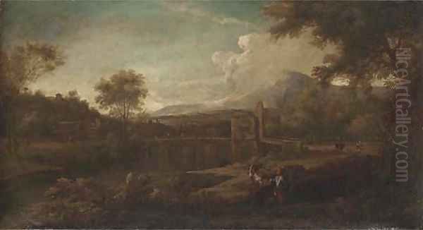 Italianate river landscape with figures in the foreground, a Roman bridge beyond - view 1