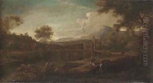 Italianate river landscape with figures in the foreground, a Roman bridge beyond by George Lambert