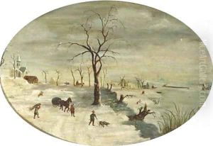 A winter landscape with figures on the ice by Gijsbrecht Leytens