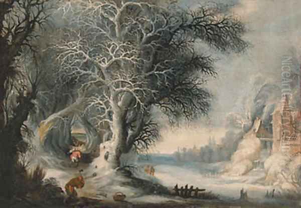 Woodcutters in a winter landscape, a town beyond - view 1