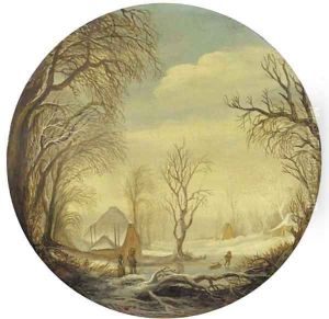A winter landscape with figures on the ice, a farm beyond