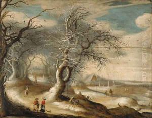 A winter wooded landscape with faggot-gatherers and peasants on paths by Gijsbrecht Leytens