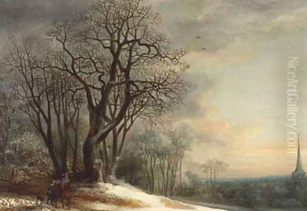 Travellers on a snowy path overlooking a valley, at sunset - view 1